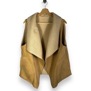 Faux Suede & Sherpa Open Front Shawl Collar Vest, Natural Tan, Size Large